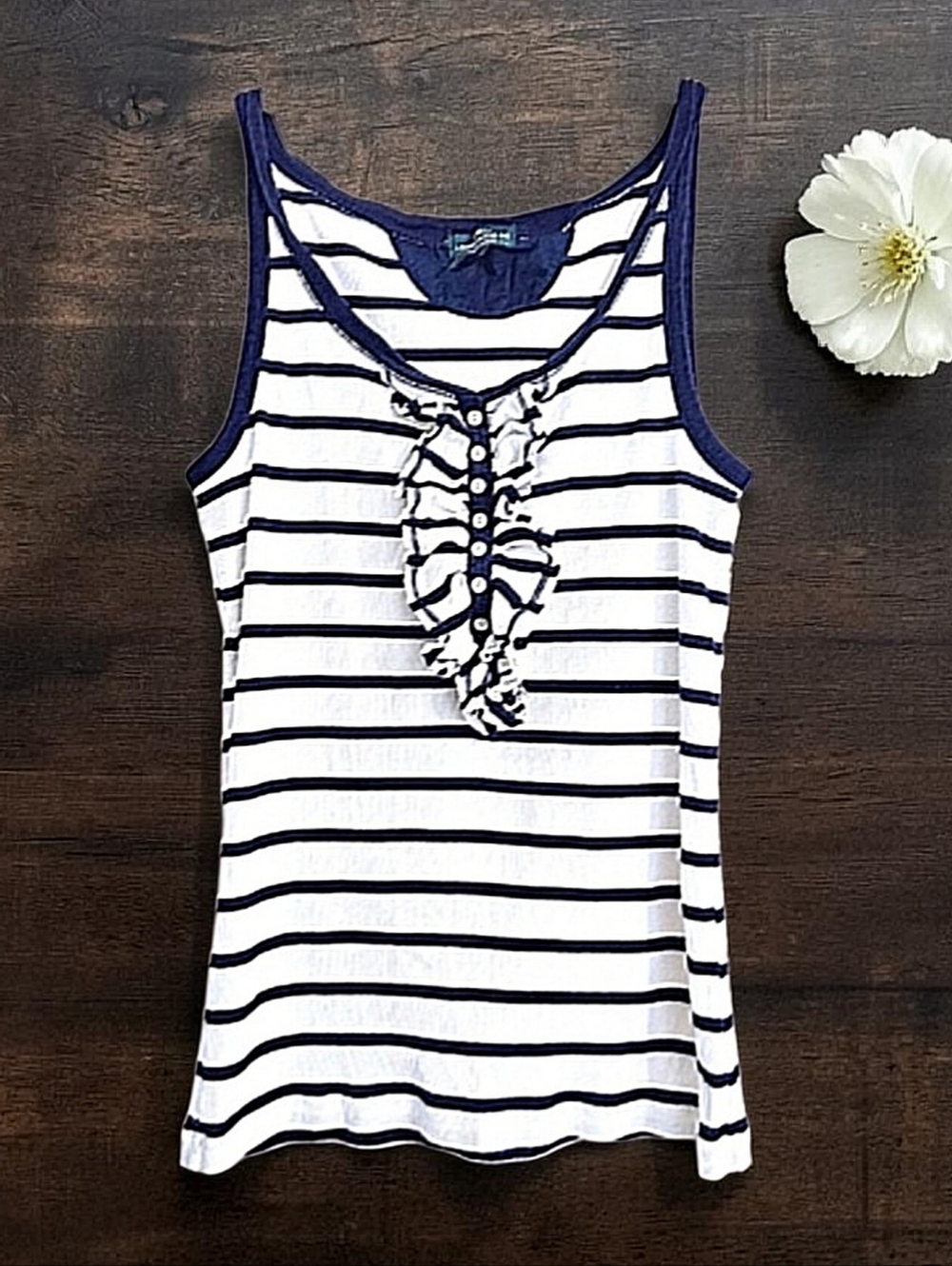 Ralph Lauren Ribbed Striped Ruffle Front Tank Top with Button Details, Size Med
